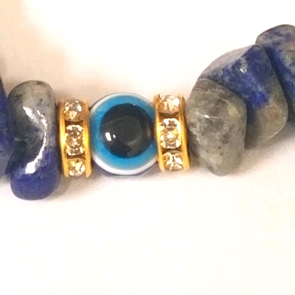 Evil Eye Natural Blue Stone beaded Bracelet with gold Rhinestone  New - Picture 2 of 7
